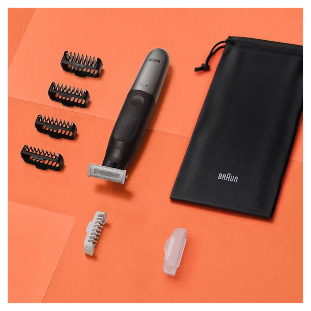 Braun X Styler Series 5 Hybrid Trimmer with attachments and pouch on orange background
