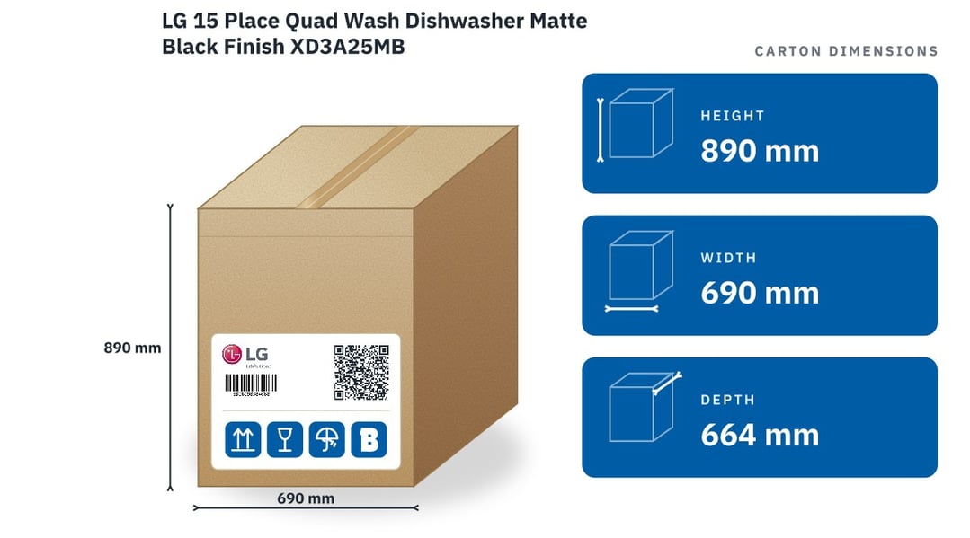 LG 15 Place Quad Wash Dishwasher Matte Black Finish XD3A25MB — packaged dimensions