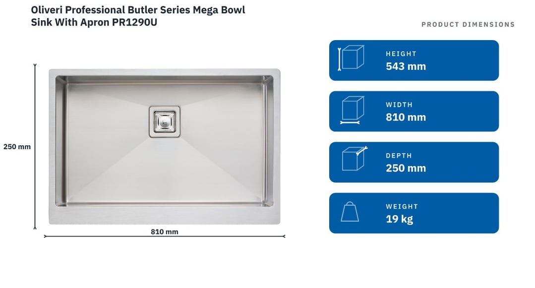 Oliveri Professional Butler Series Mega Bowl Sink With Apron PR1290U — product dimensions