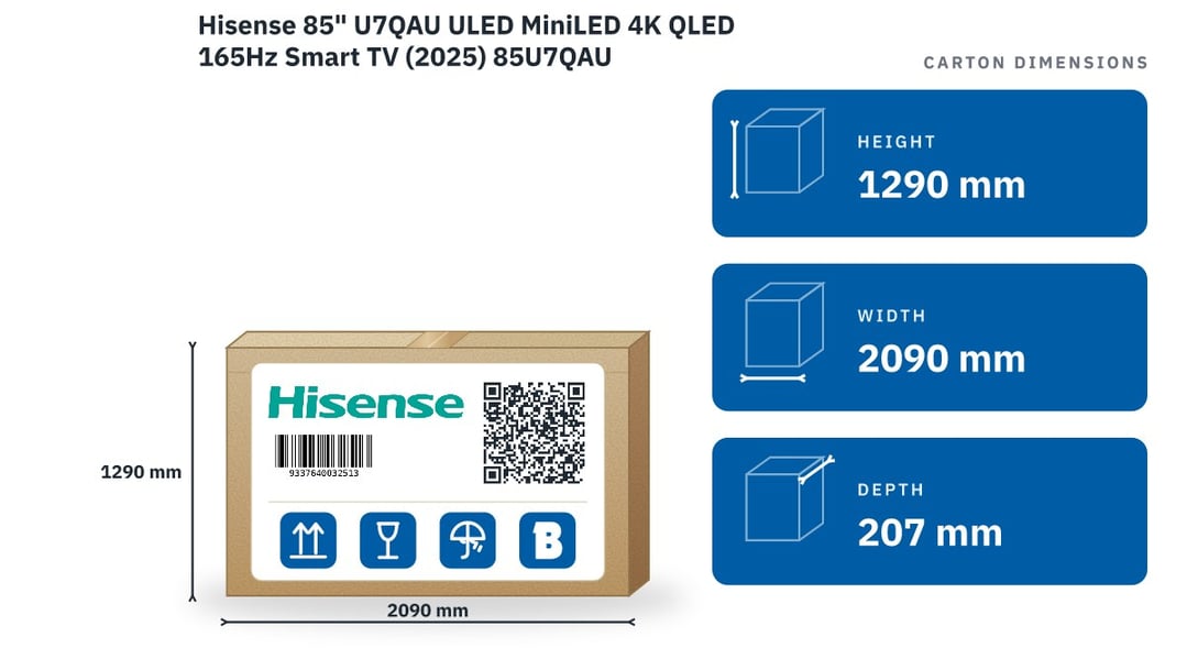 Hisense 85" U7QAU ULED MiniLED 4K QLED 165Hz Smart TV (2025) 85U7QAU — packaged dimensions