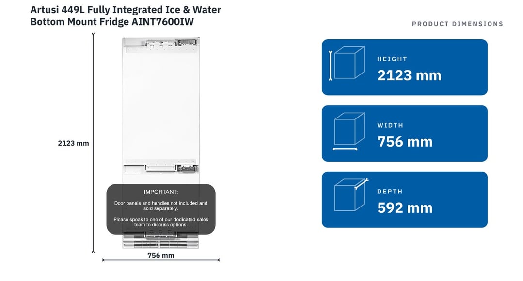 Artusi 449L Fully Integrated Ice & Water Bottom Mount Fridge AINT7600IW