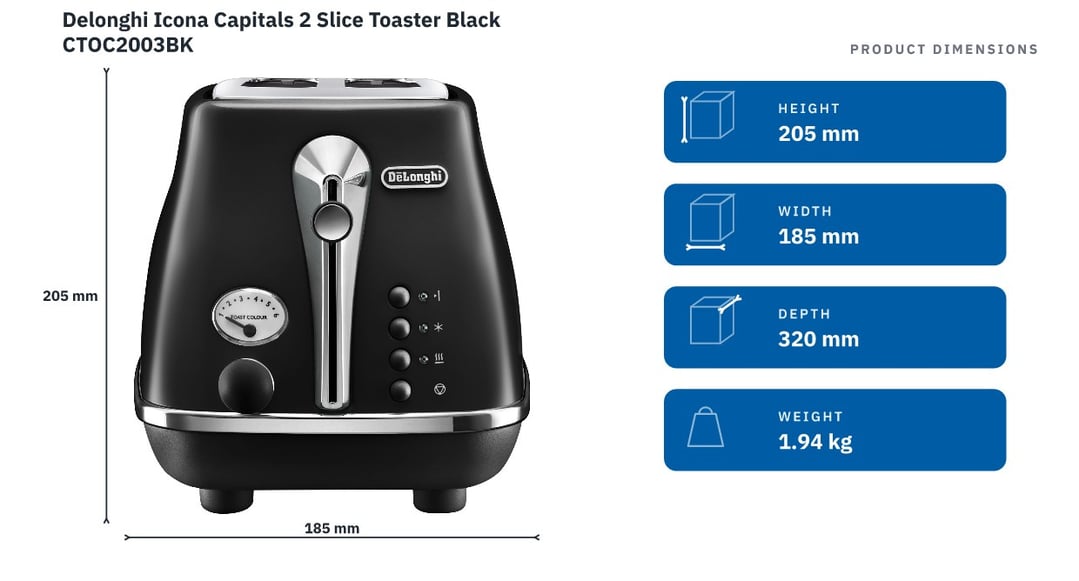Delonghi Icona Capitals 2 Slice Toaster Black CTOC2003BK — product dimensions