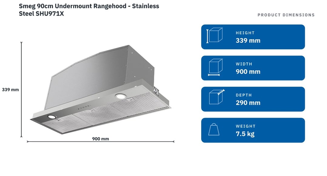 Smeg 90cm Undermount Rangehood - Stainless Steel SHU971X — product dimensions
