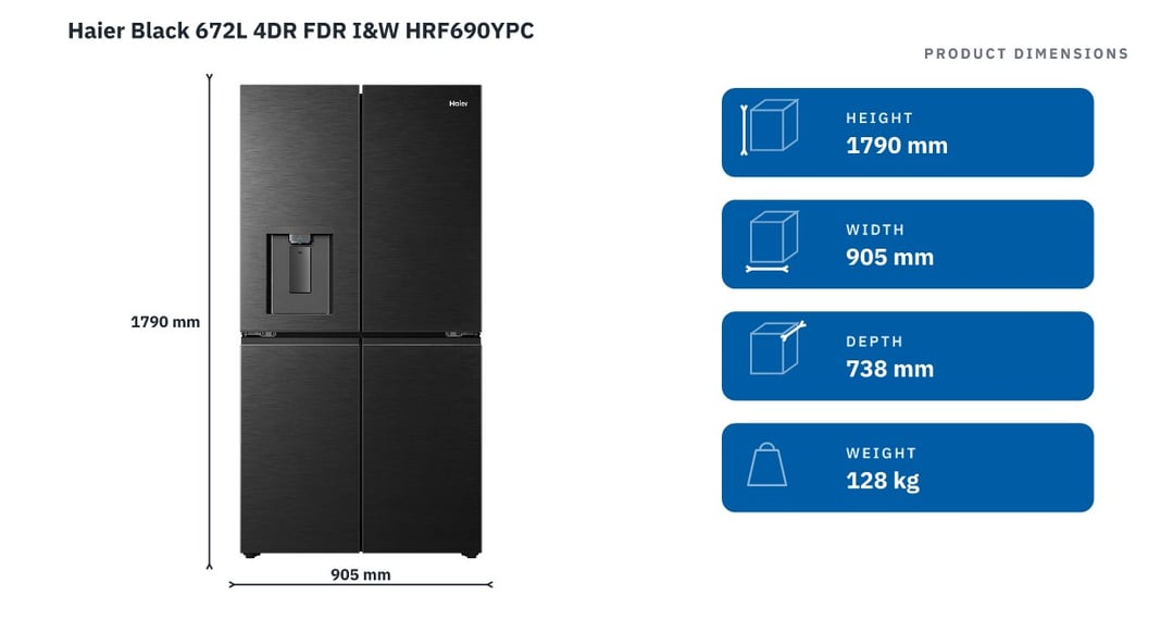 Haier Black 672L 4DR FDR I&W HRF690YPC — product dimensions