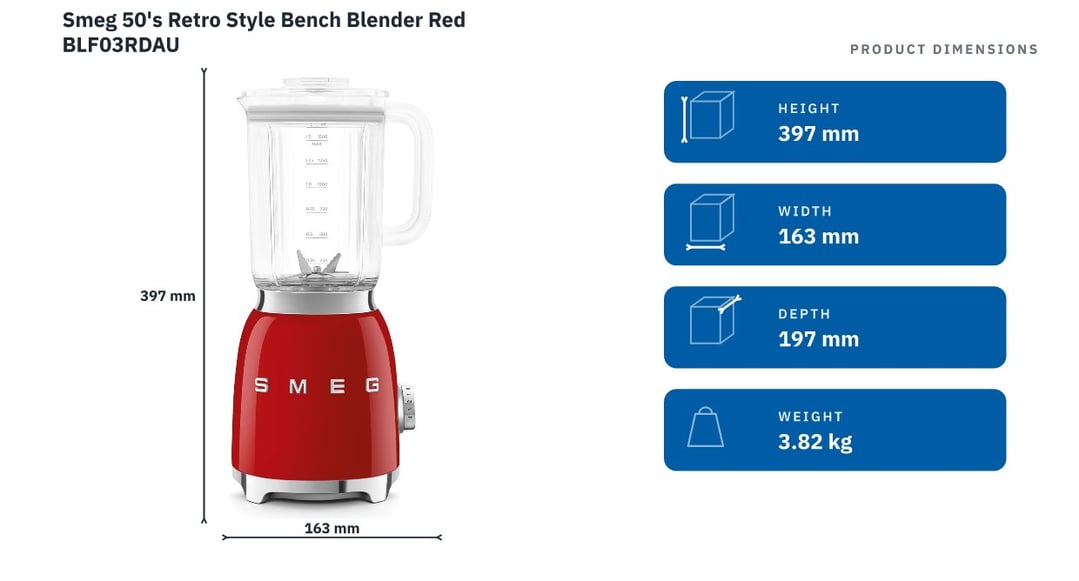 Smeg 50's Retro Style Bench Blender Red BLF03RDAU — product dimensions