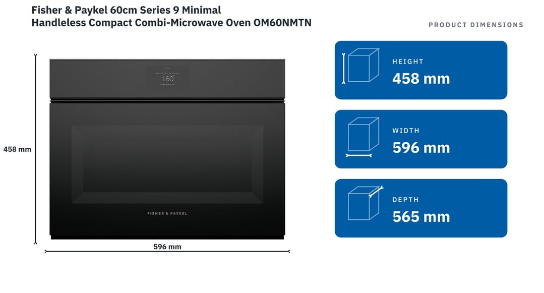 Fisher & Paykel 60cm Series 9 Minimal Handleless Compact Combi-Microwave Oven OM60NMTNB1 — product dimensions