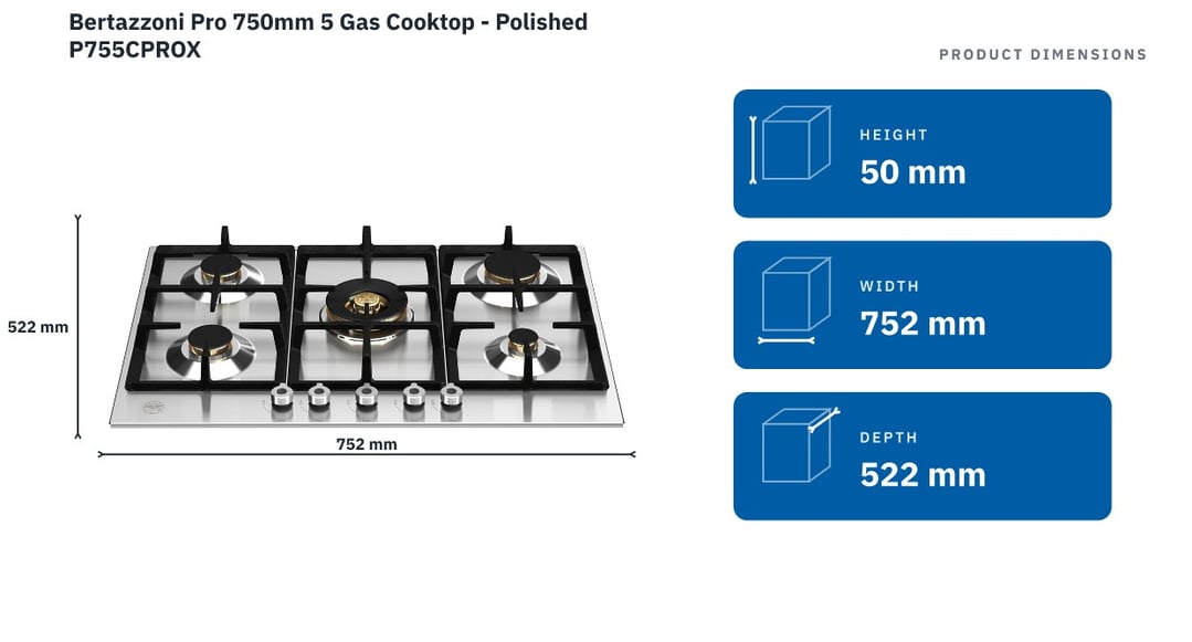 Bertazzoni Pro 750mm 5 Gas Cooktop - Polished P755CPROX — product dimensions