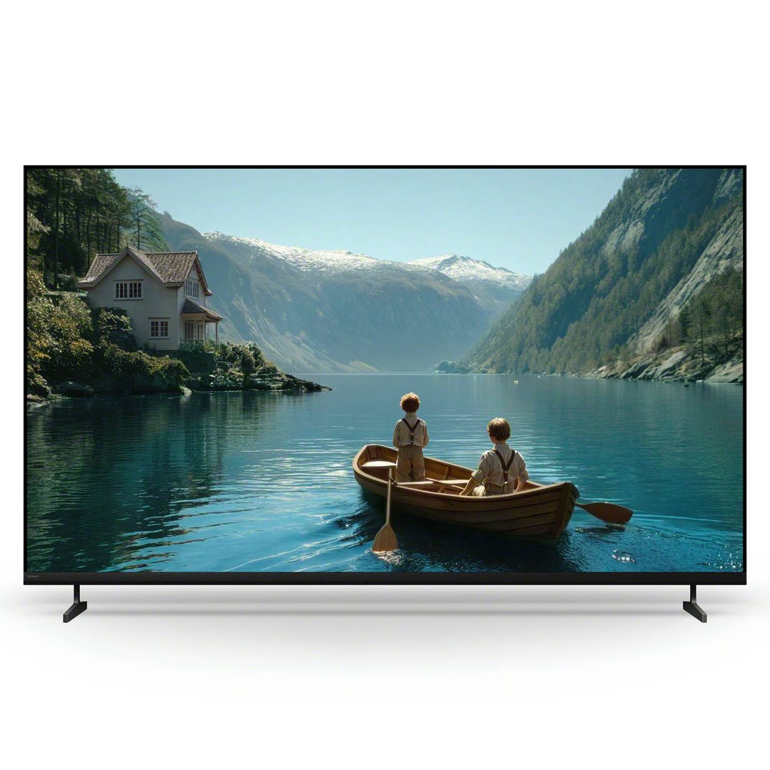 A SONY TV displaying a scenic image of two boys in a boat on a lake