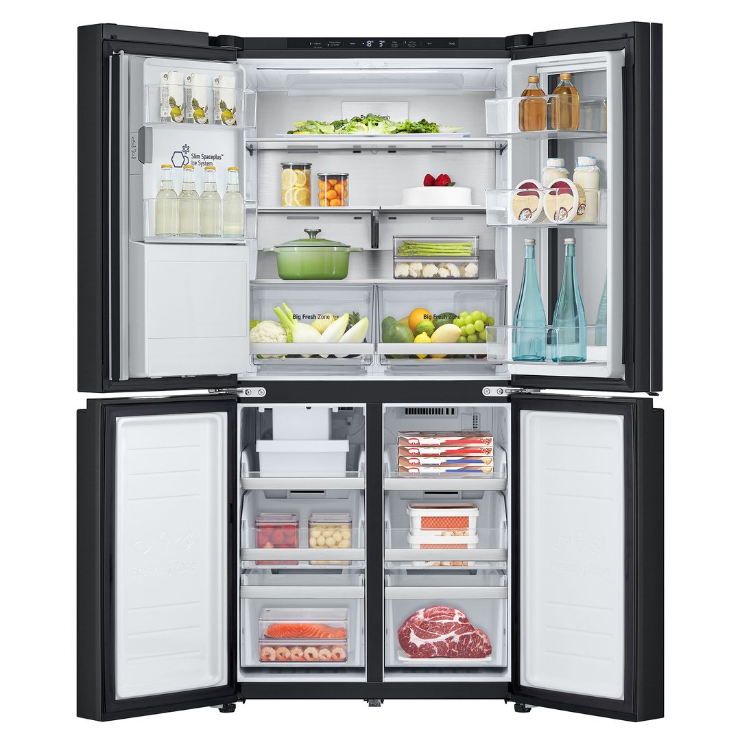 Open LG French door fridge with food and drinks inside