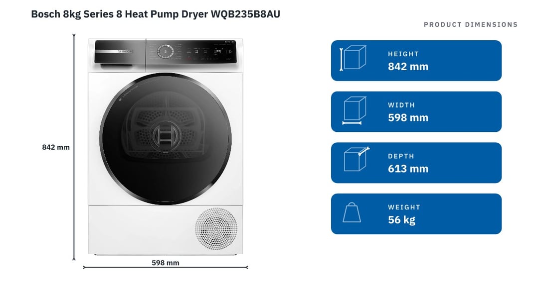 Bosch 8kg Series 8 Heat Pump Dryer WQB235B8AU — product dimensions