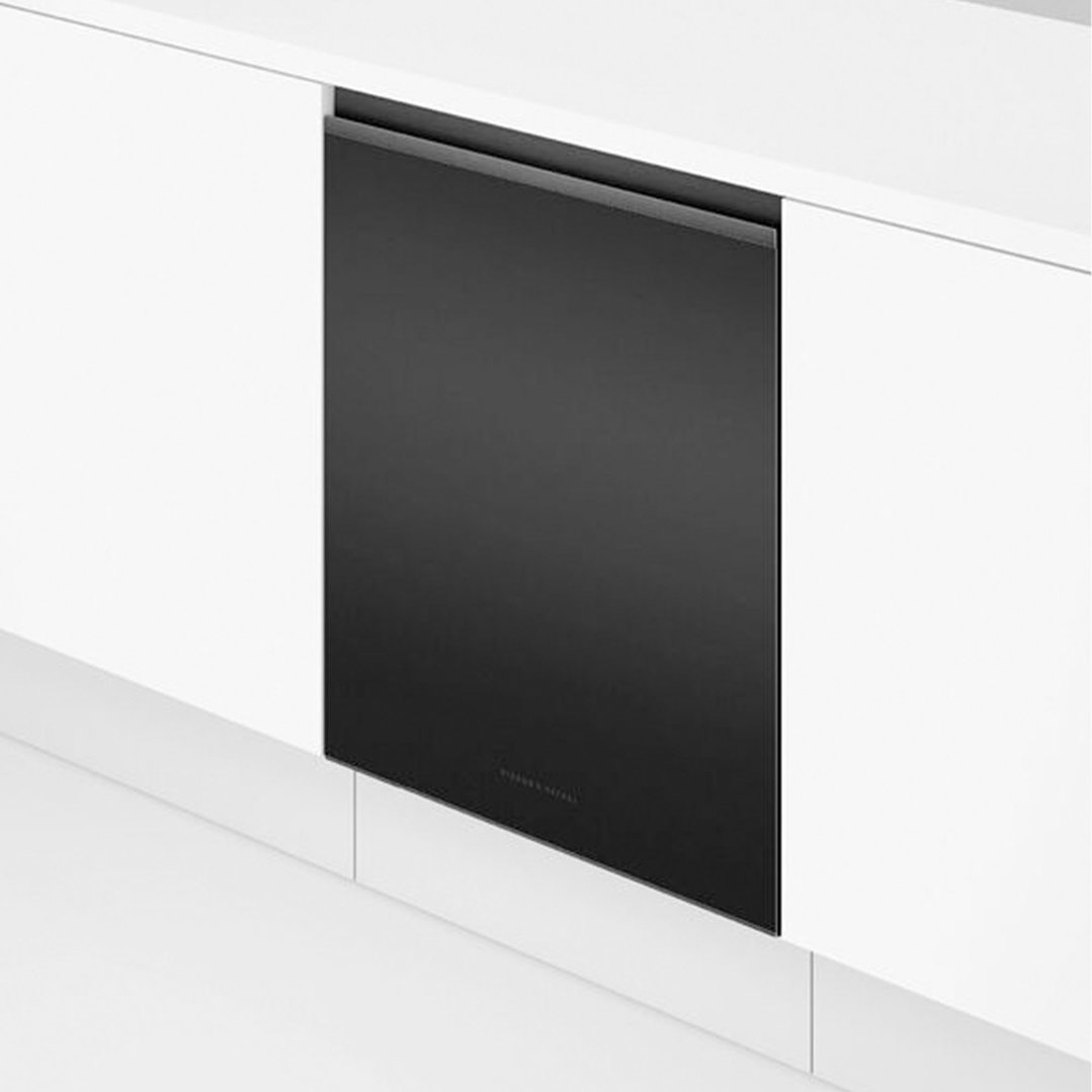 Black built-under dishwasher integrated into white kitchen cabinetry