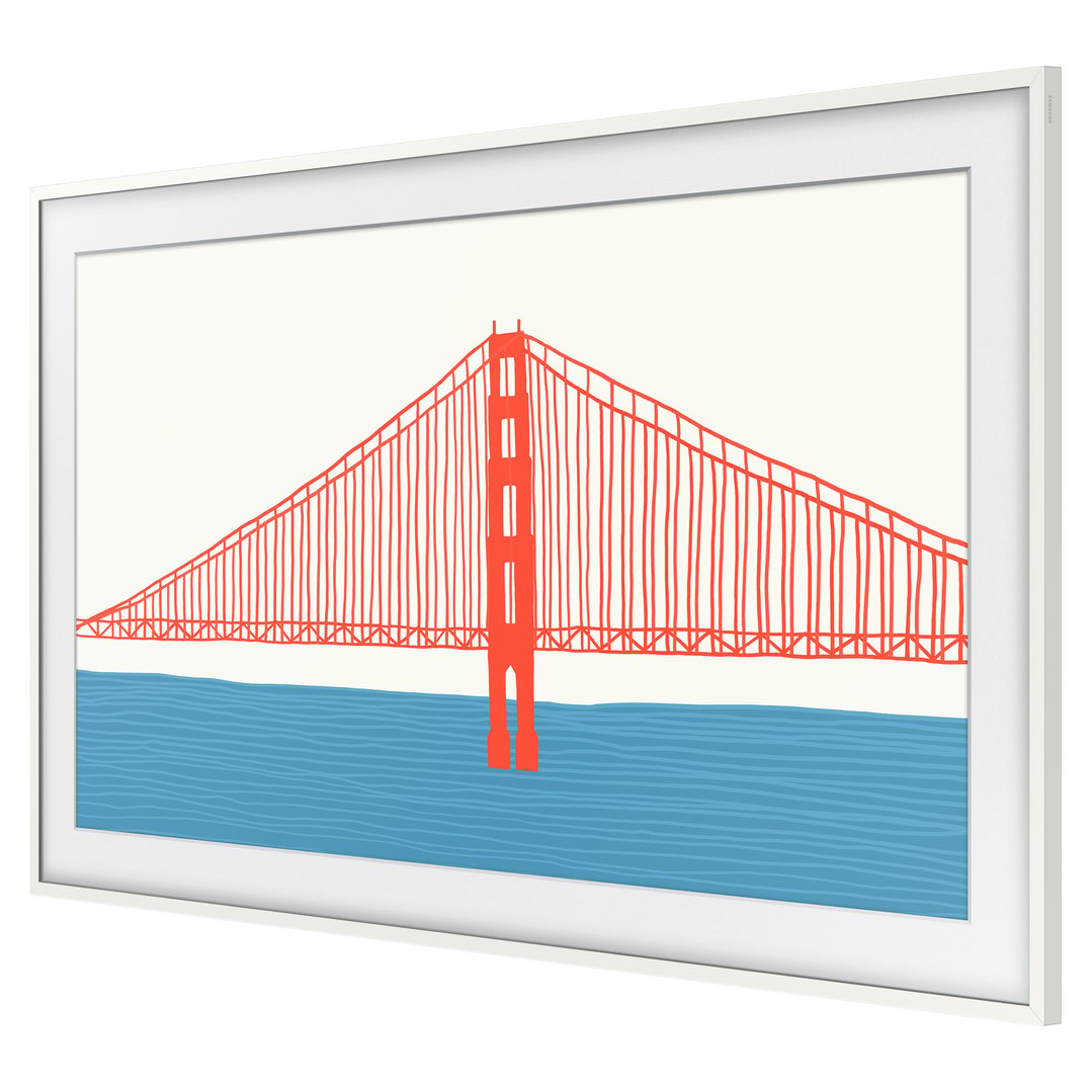 White framed TV displaying an illustration of the Golden Gate Bridge