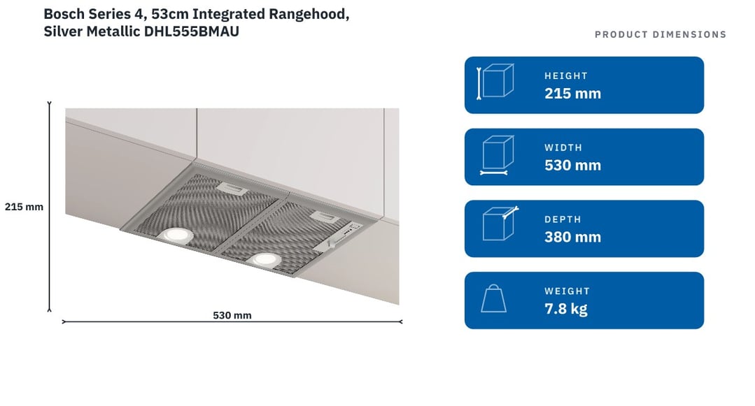 Bosch Series 4, 53cm Integrated Rangehood, Silver Metallic DHL555BMAU — product dimensions