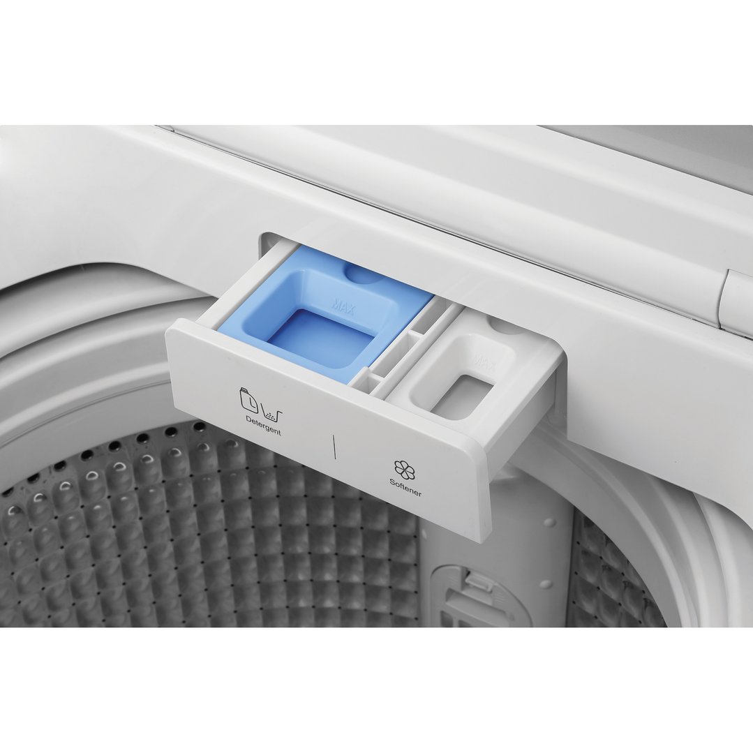 Close-up of the detergent and softener dispenser of a top load washing machine