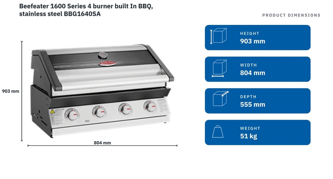 Beefeater 1600 Series 4 burner built In BBQ, stainless steel BBG1640SA — product dimensions