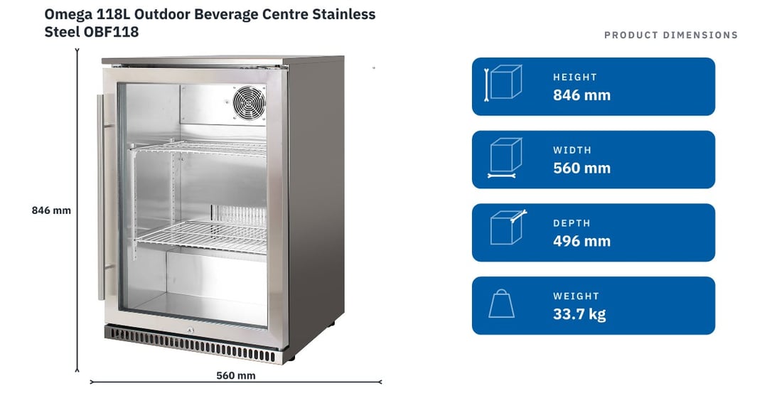 Omega 118L Outdoor Beverage Centre Stainless Steel OBF118 — product dimensions
