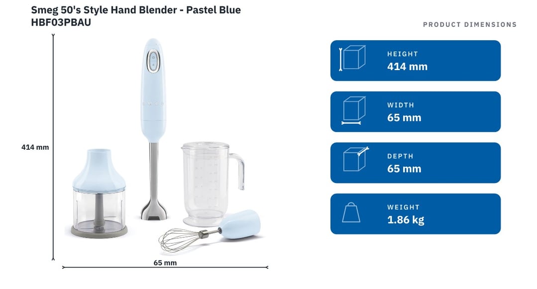 Smeg 50's Style Hand Blender - Pastel Blue HBF03PBAU — product dimensions
