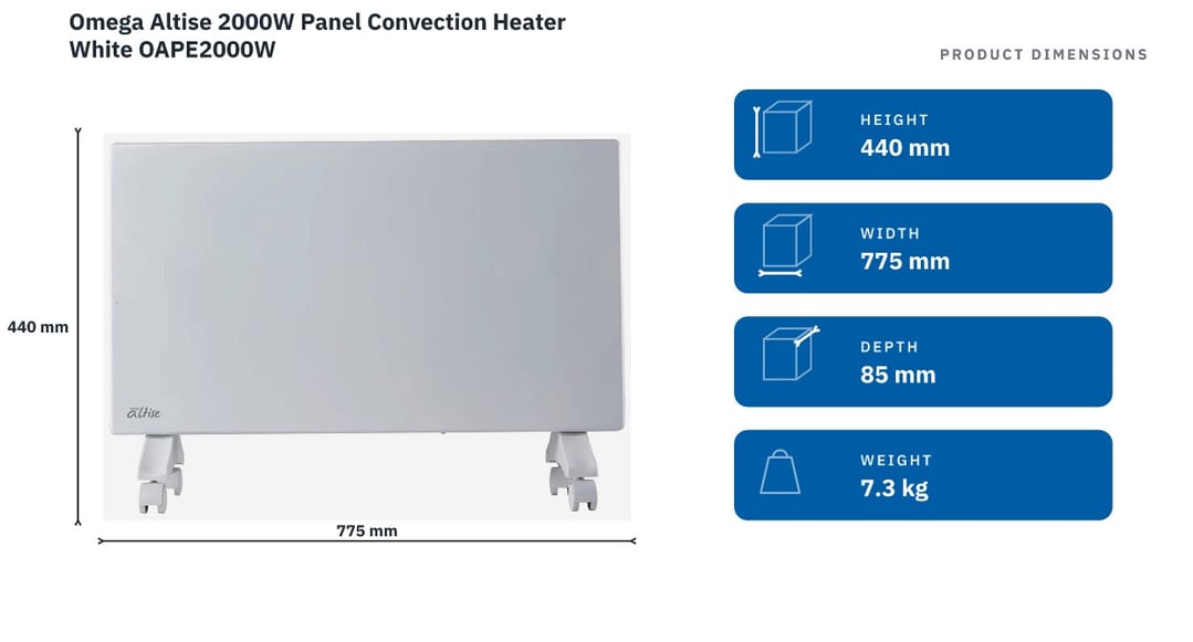 Omega Altise 2000W Panel Convection Heater White OAPE2000W — product dimensions