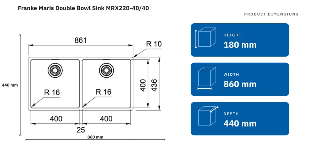 Franke Maris Double Bowl Sink MRX220-40/40 — product dimensions