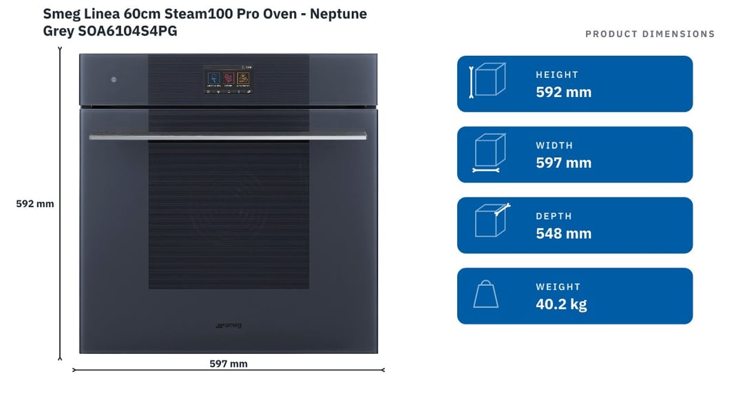 Smeg Linea 60cm Steam100 Pro Oven - Neptune Grey SOA6104S4PG — product dimensions