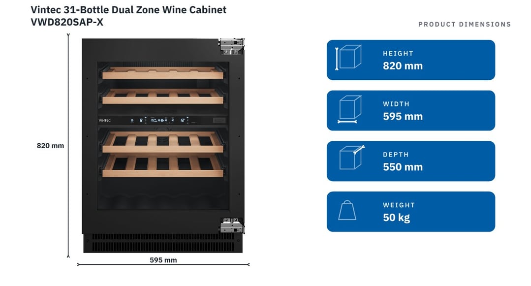 Vintec 31-Bottle Dual Zone Wine Cabinet VWD820SAP-X — product dimensions