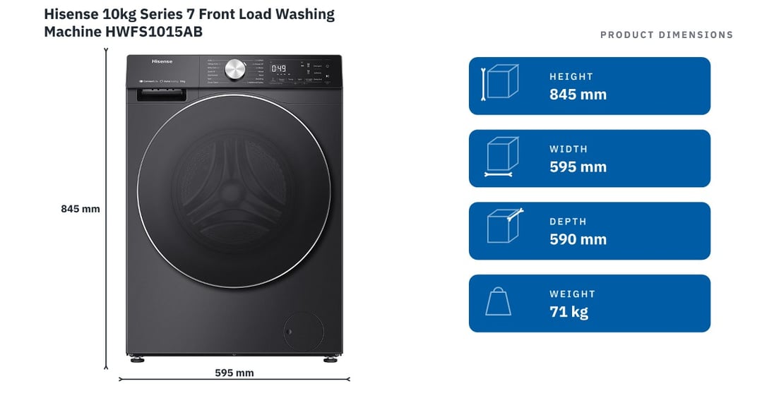 Hisense 10kg Series 7 Front Load Washing Machine HWFS1015AB — product dimensions