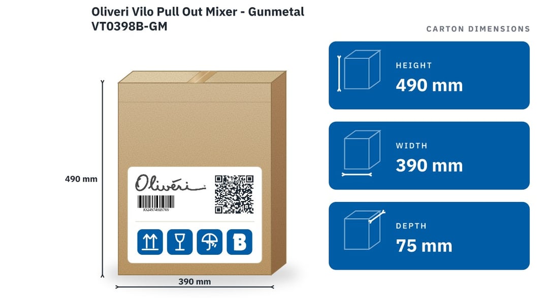 Oliveri Vilo Pull Out Mixer - Gunmetal VT0398B-GM — packaged dimensions