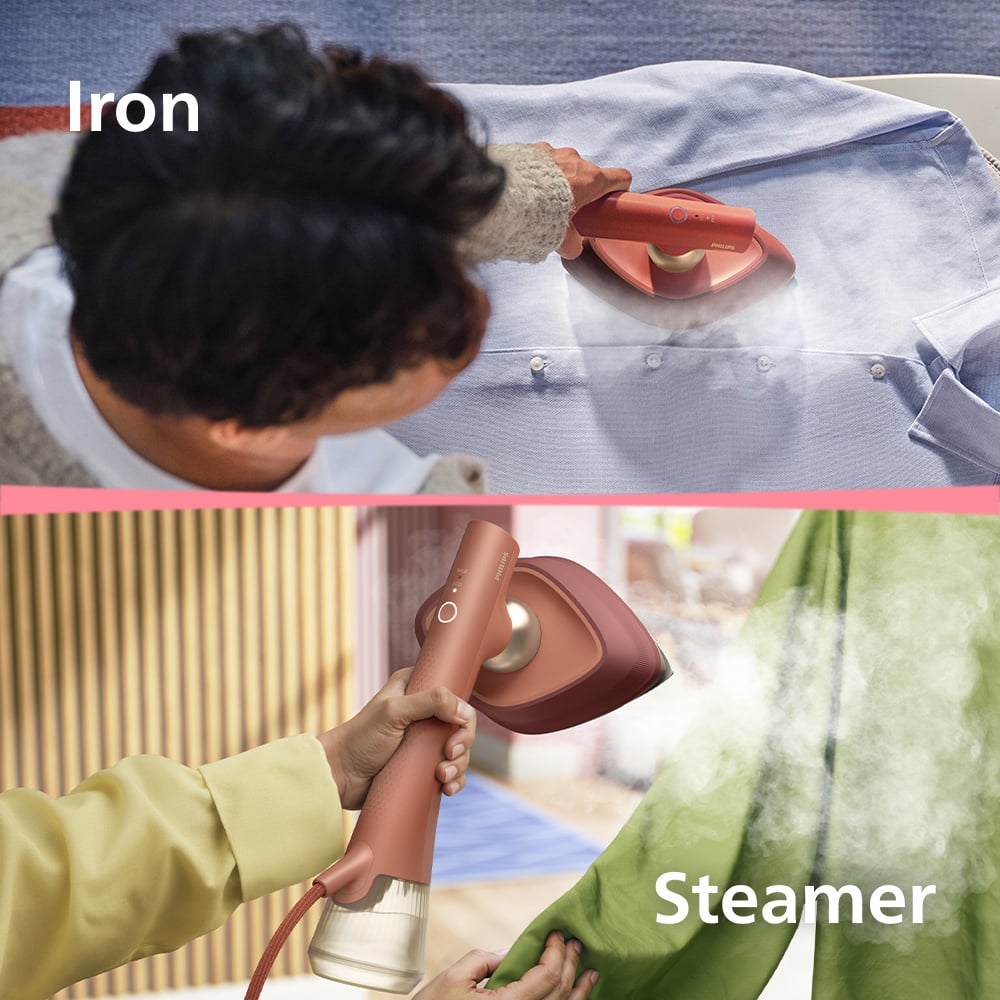 Two scenes showing the Philips OneTurn Hybrid Iron & Steamer in use