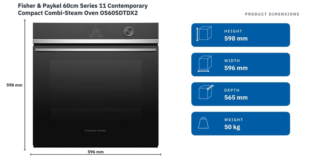 Fisher & Paykel 60cm Series 11 Contemporary Compact Combi-Steam Oven OS60SDTDX2 — product dimensions