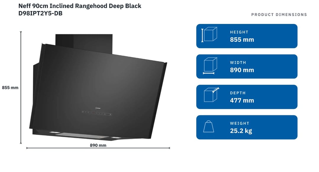 Neff 90cm Inclined Rangehood Deep Black D98IPT2Y5-DB — product dimensions