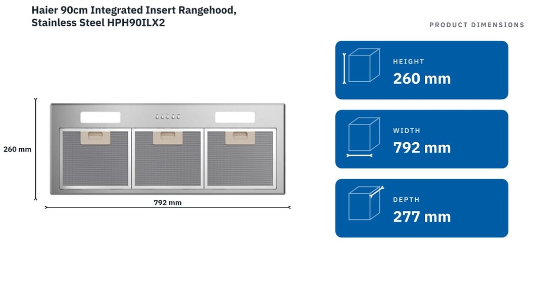 Haier 90cm Integrated Insert Rangehood, Stainless Steel HPH90ILX2 — product dimensions
