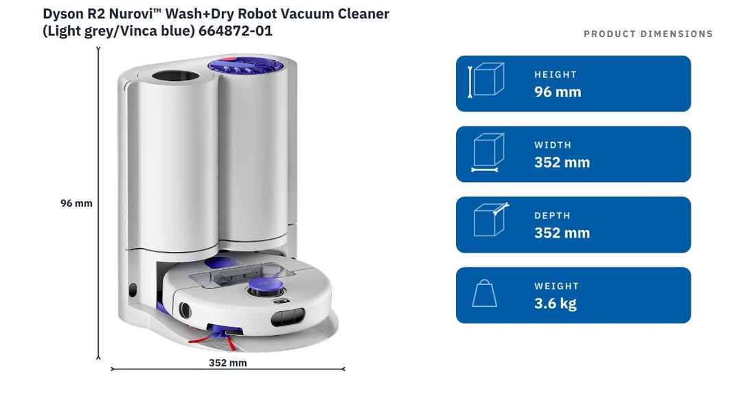 Dyson R2 Nurovi™ Wash+Dry Robot Vacuum Cleaner (Light grey/Vinca blue) 664872-01 — product dimensions