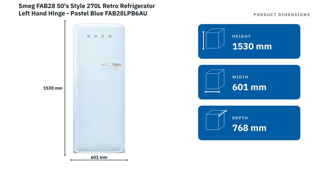 Smeg FAB28 50's Style 270L Retro Refrigerator Left Hand Hinge - Pastel Blue FAB28LPB6AU — product dimensions