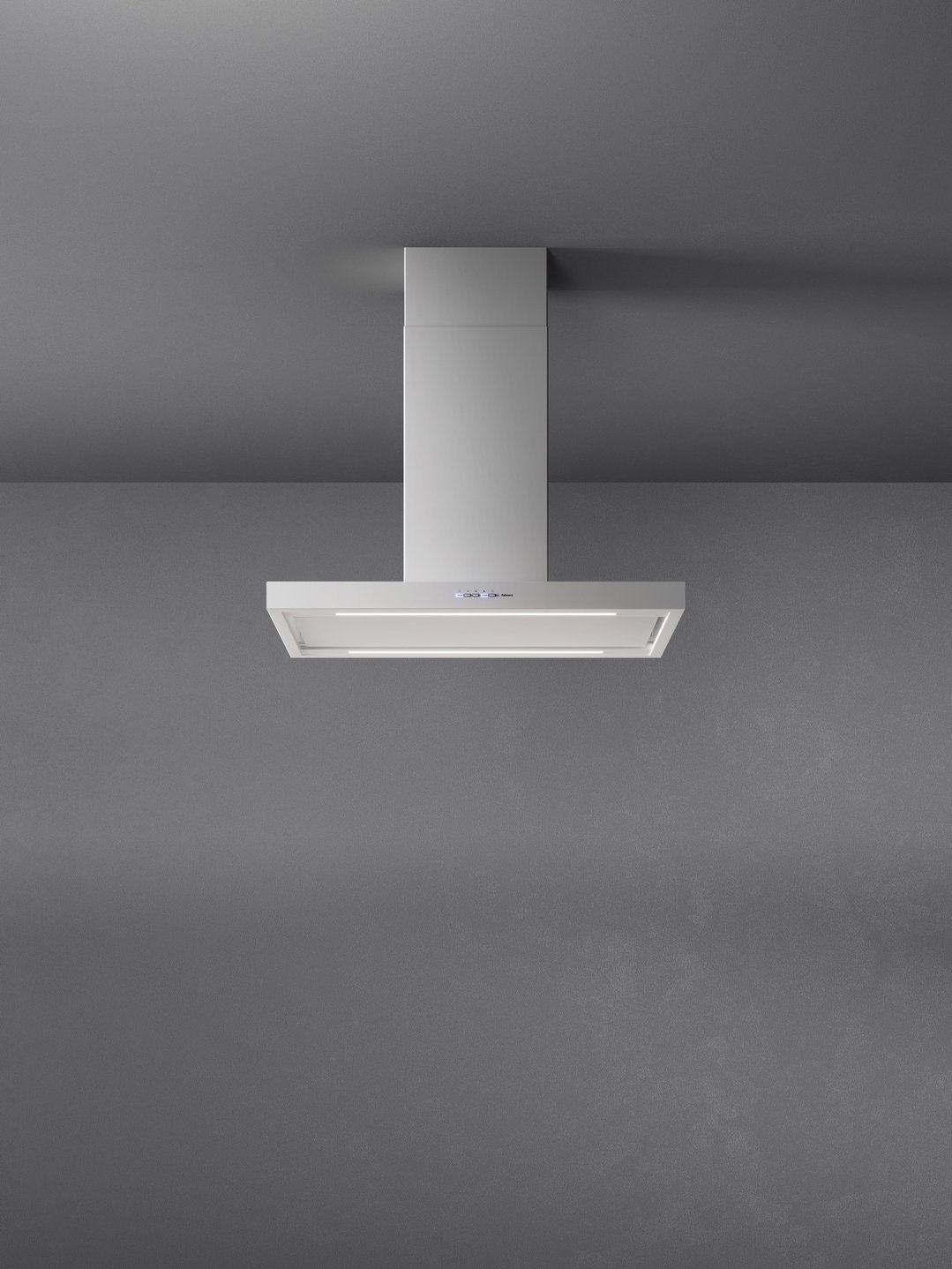 White island rangehood with lights on, mounted on a dark grey ceiling