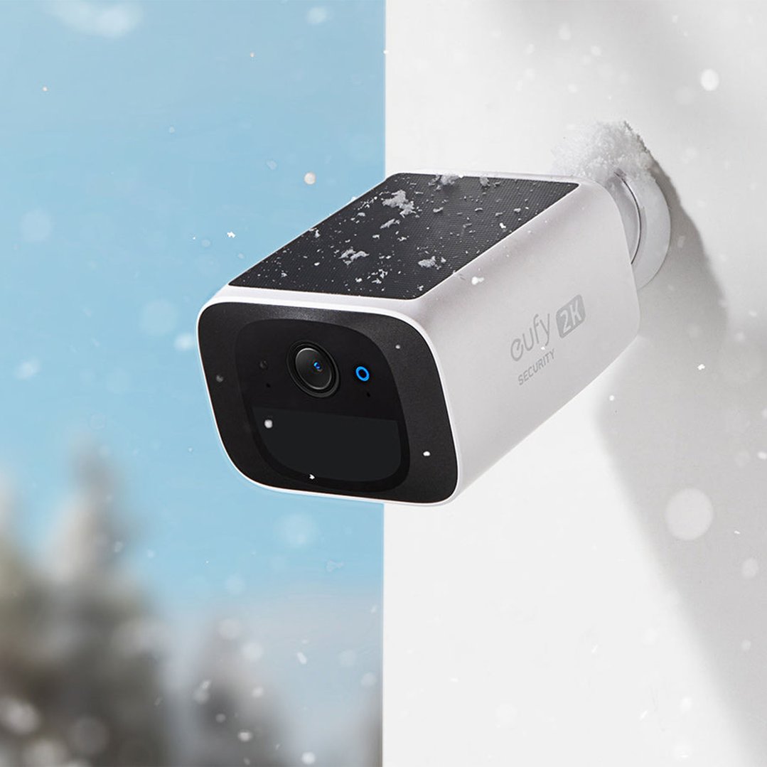 Eufy 2K security camera mounted outdoors in snowy weather