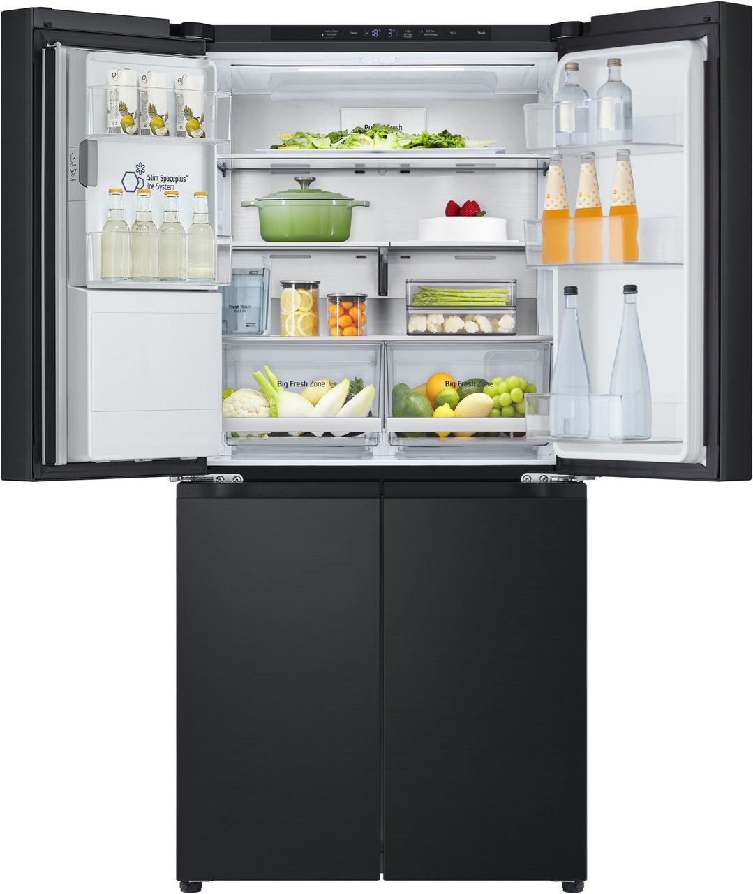 Open matte black French door fridge with food and drinks inside