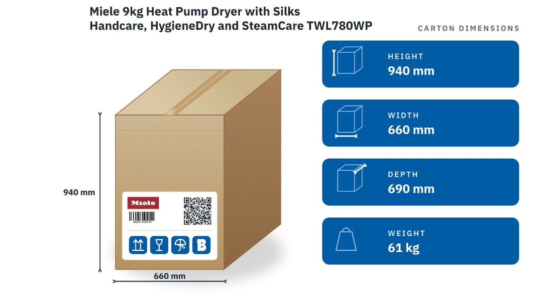 Miele 9kg Heat Pump Dryer with Silks Handcare, HygieneDry and SteamCare TWL780WP — packaged dimensions