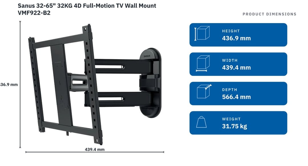 Sanus 32-65" 32KG 4D Full-Motion TV Wall Mount VMF922-B2