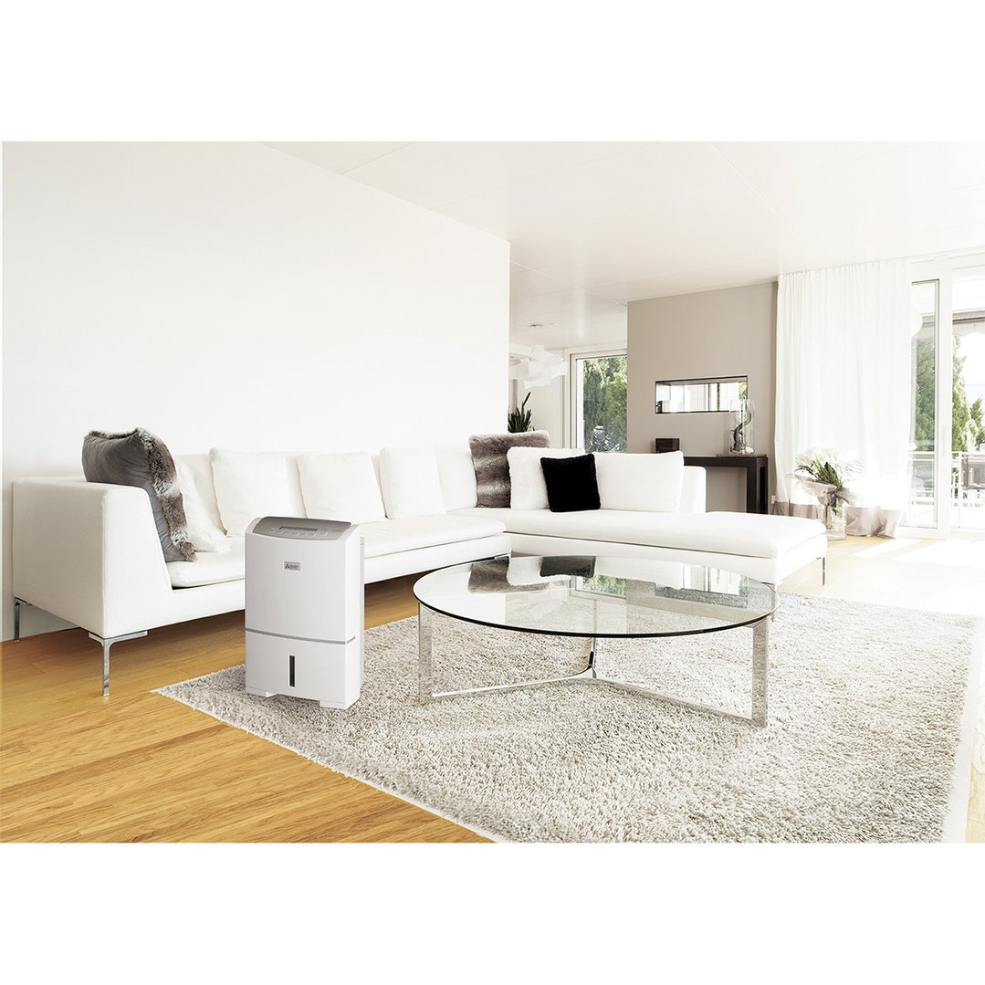 White dehumidifier on a rug in a modern living room with a white sofa