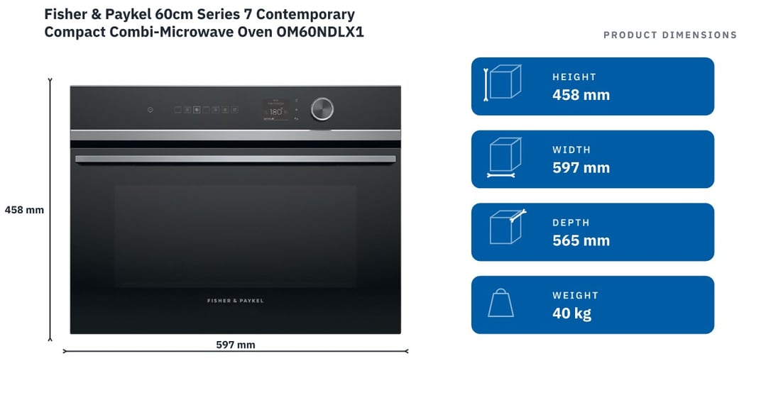 Fisher & Paykel 60cm Series 7 Contemporary Compact Combi-Microwave Oven OM60NDLX1 — product dimensions