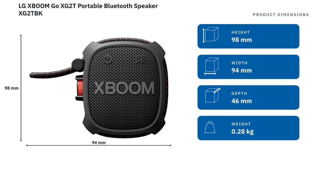 LG XBOOM Go XG2T Portable Bluetooth Speaker XG2TBK — product dimensions