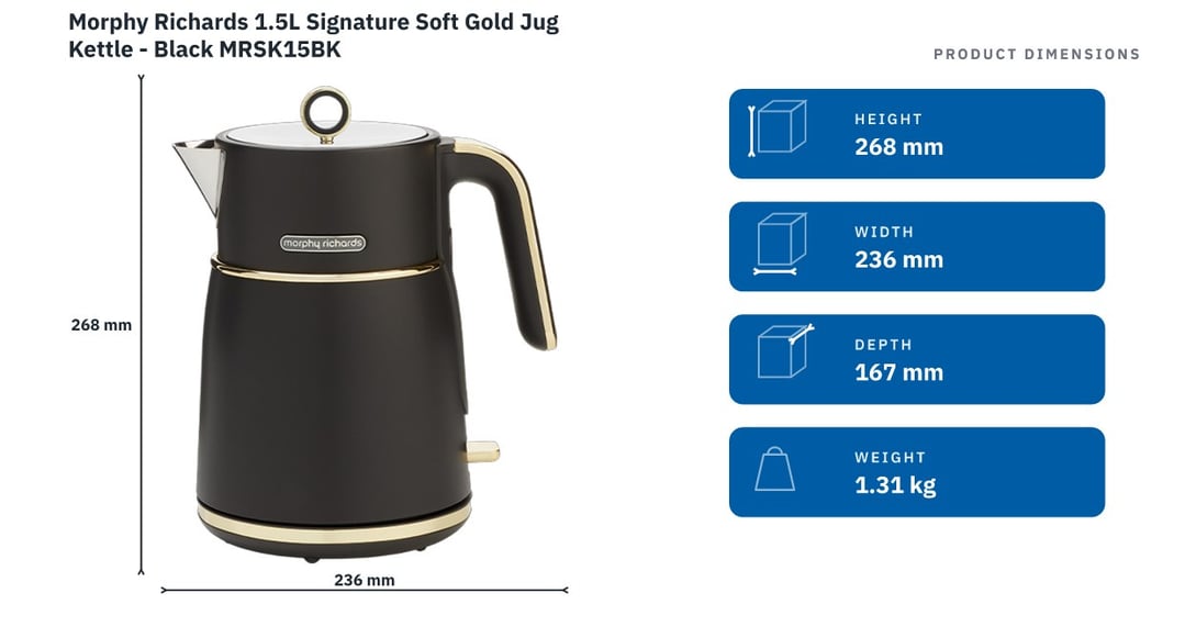Morphy Richards 1.5L Signature Soft Gold Jug Kettle - Black MRSK15BK — product dimensions
