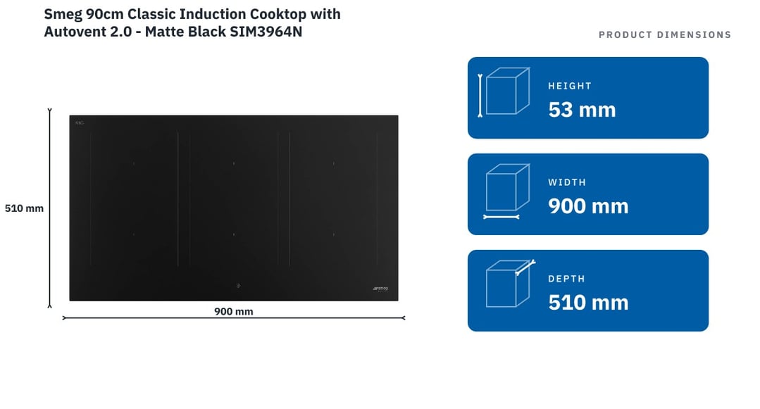 Smeg 90cm Classic Induction Cooktop with Autovent 2.0 - Matte Black SIM3964N — product dimensions