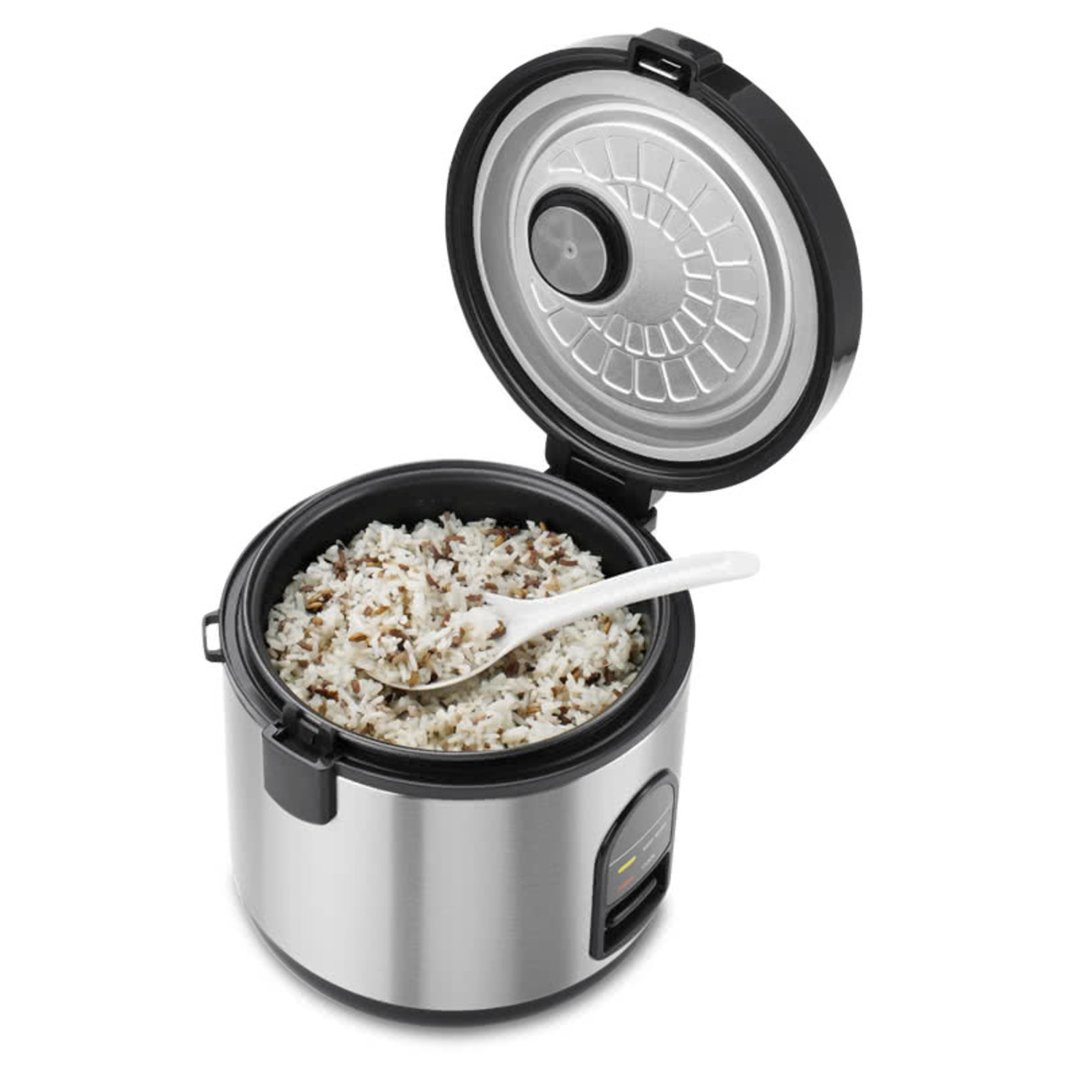 Stainless steel rice cooker with lid open, filled with cooked rice and a spoon