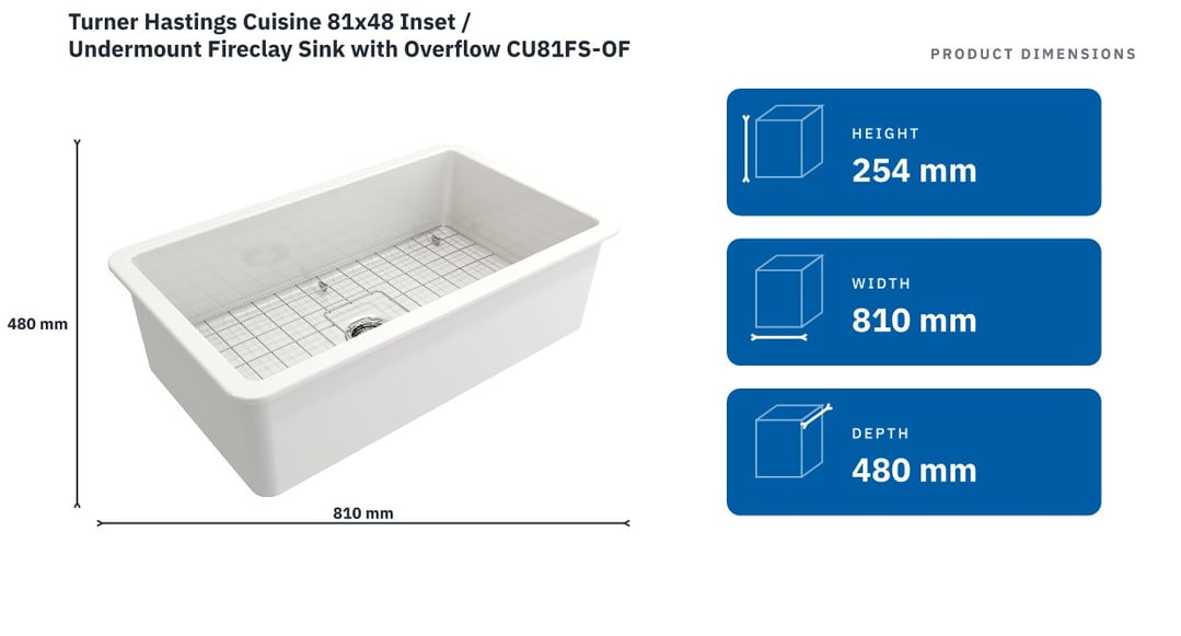 Turner Hastings Cuisine 81x48 Inset / Undermount Fireclay Sink with Overflow CU81FS-OF — product dimensions