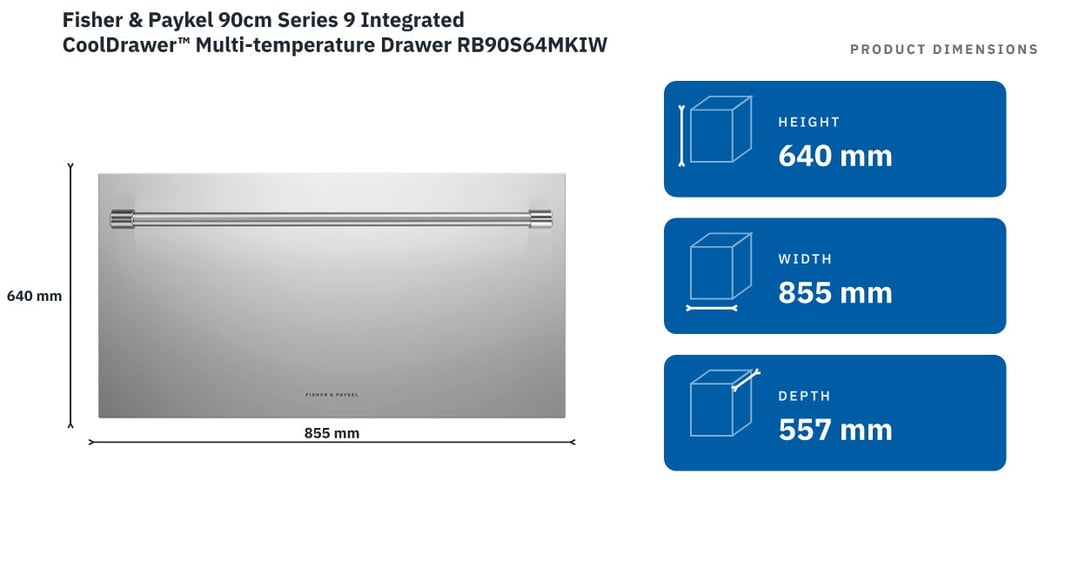 Fisher & Paykel 90cm Series 9 Integrated CoolDrawer™ Multi-temperature Drawer RB90S64MKIW1 — product dimensions