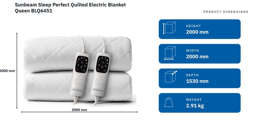 Sunbeam Sleep Perfect Quilted Electric Blanket Queen BLQ6451 — product dimensions