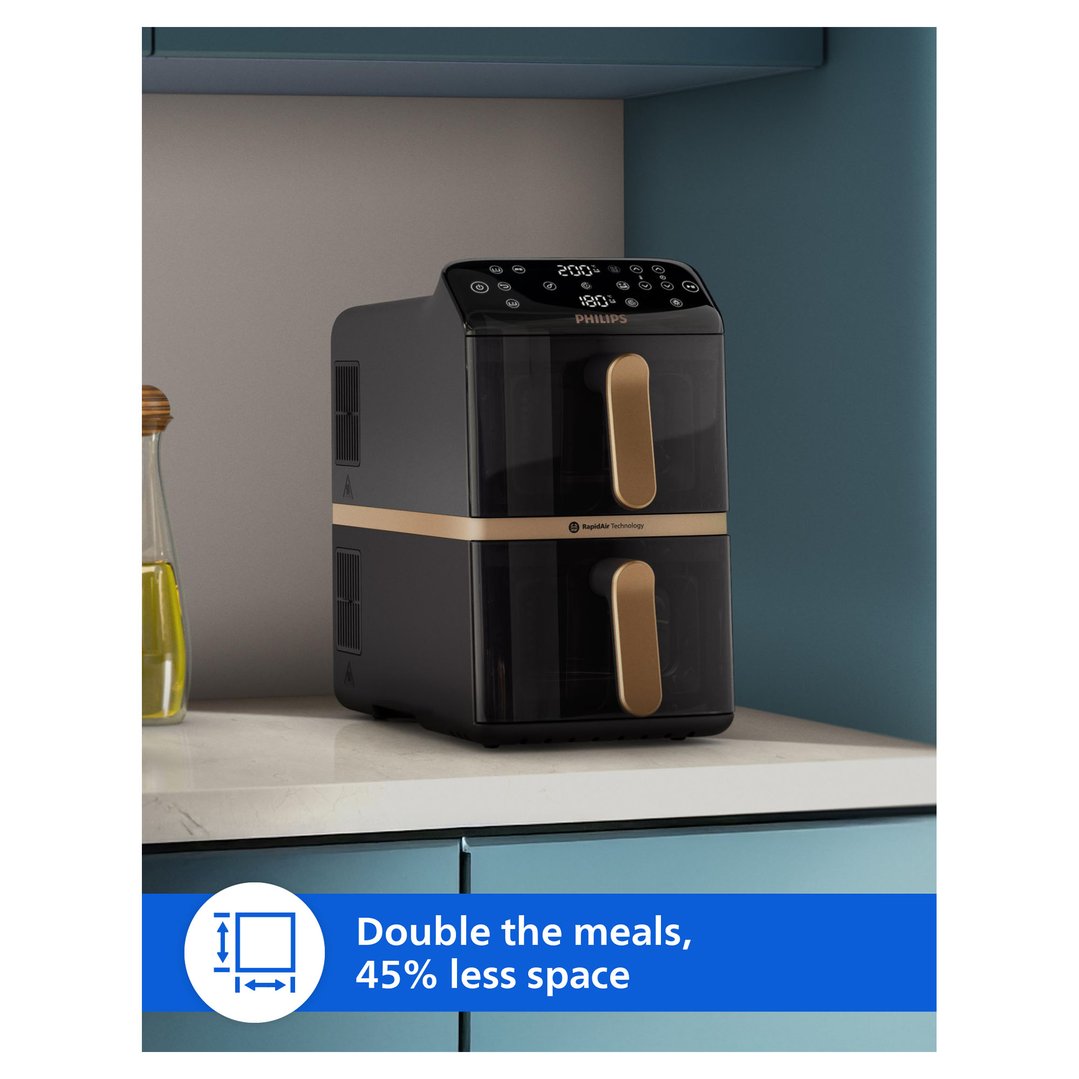 Black Philips Airfryer 4000 Series Stacked Dual Basket on a kitchen counter