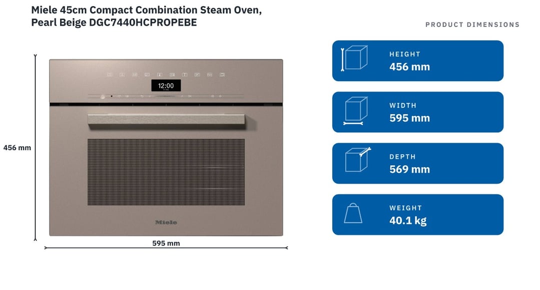 Miele 45cm Compact Combination Steam Oven, Pearl Beige DGC7440HCPROPEBE — product dimensions