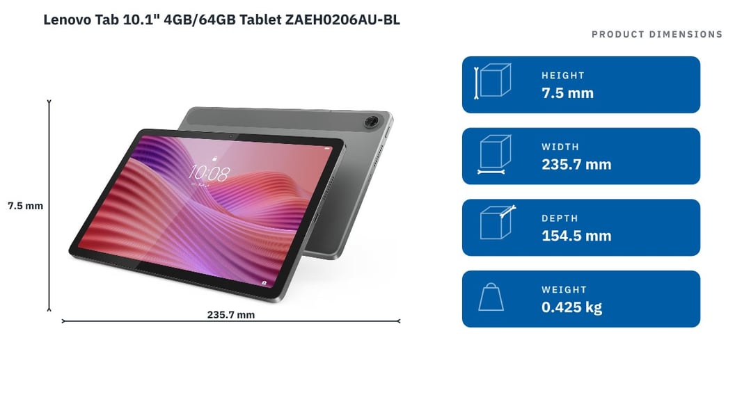 Lenovo Tab 10.1" 4GB/64GB Tablet ZAEH0206AU-BL — product dimensions